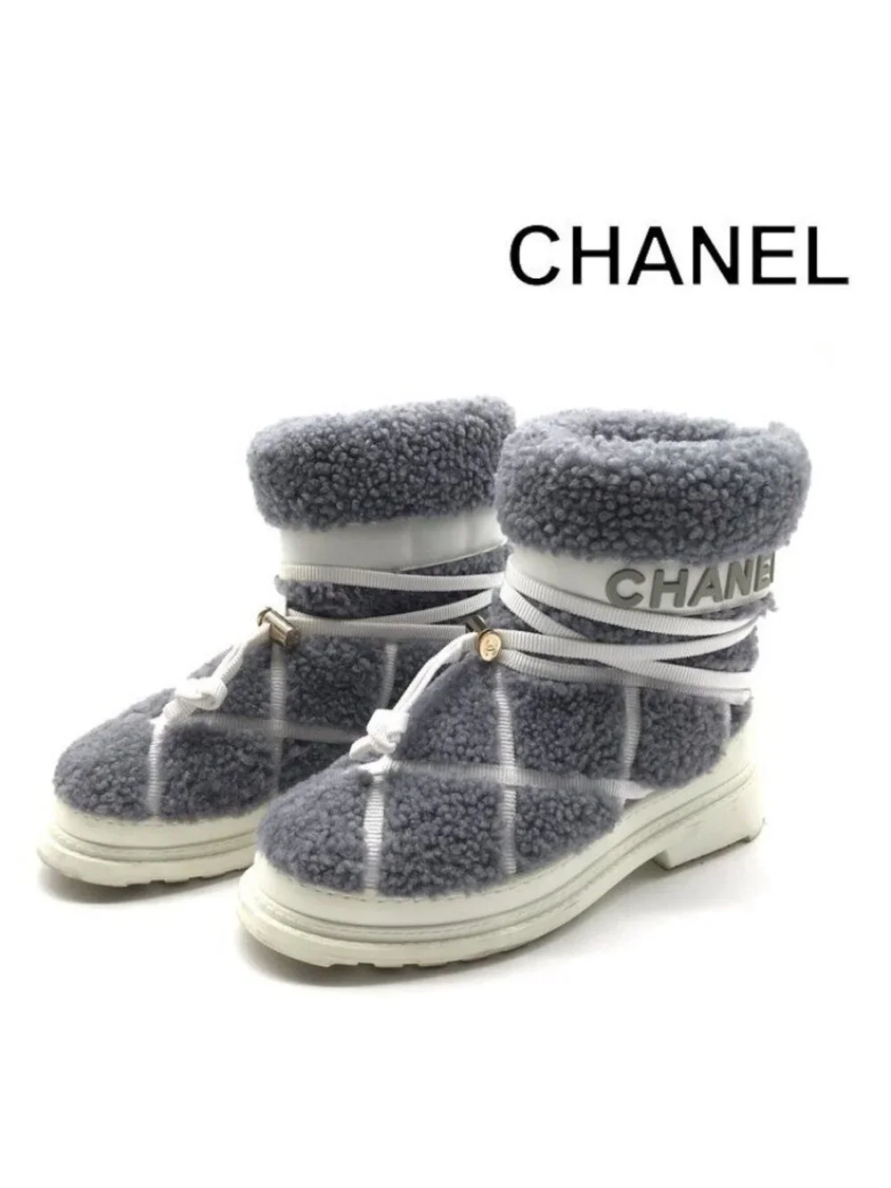 Chanel CC Logo Shearling Snow Boots Quilted Style Gray Shoes
